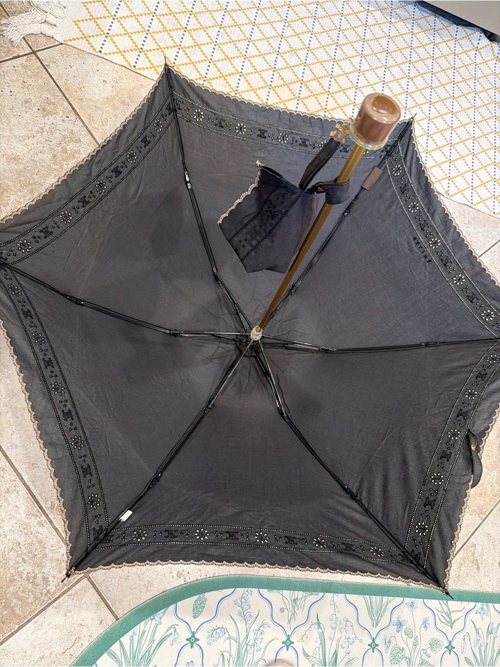 Celine Black Compact Umbrella with Gold Lace Trim - Picture 11 of 14